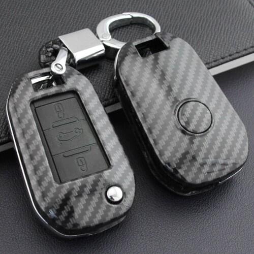 Carbon Fiber Flip Key Cover Fob Case Chain For Peugeot 208 301 308 508 2008 3008 Citroen C3 C5 Aircross C4 Cactus C-Elysee