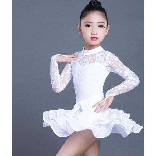 Girls Latin Dance Costumes Kids Lace Long Sleeve/Sleeveless Practice Clothes Latin Dance Competition Performance Dresses DQL3377