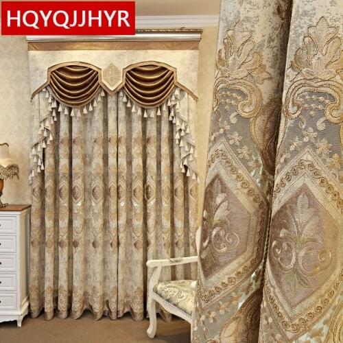European and American luxury high quality elegant beige chenille embroidered blackout curtains for living room windows bedroom