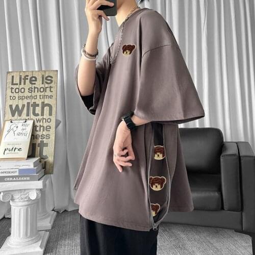 Summer Mens T-shirt Zipper O short sleeve bear print anime clothes Cotton Embroidered Cute harajuku oversized funny t shirts