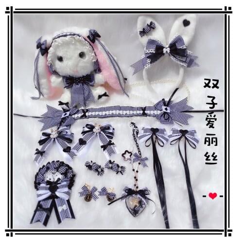 Gemini Alice Lolita Anime Cosplay Hairband Black White Plaid Hairpin Rabbit Ear KC Headwear Sweet Girl Cute Bow Hair Accessories