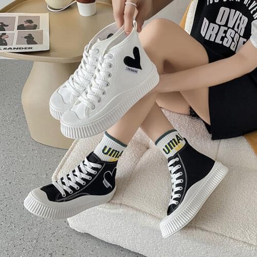 Woman High Top Casual Comfortable Fashion Lace-up Shoes Black White Spring Autumn Platform Canvas Sneakers Plus Size