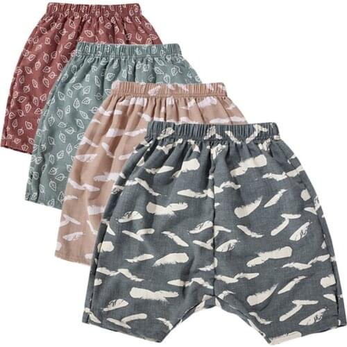 2020 Summer Baby Boys Beach Pant Calf-Length Peg-top Pants Cotton Blend Feather Print Girls Cropped Trouser Casual Kids Clothing