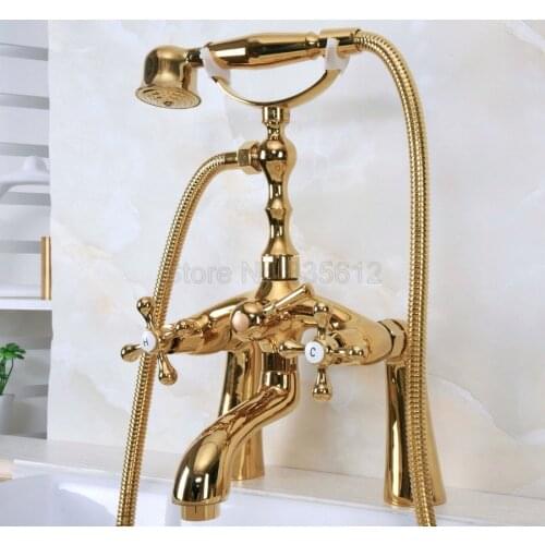 Deck Mounted Gold Color Brass Bathroom Tub Faucet Set + Hand Shower Head Luxury Dual Handle Shower Faucets tna145