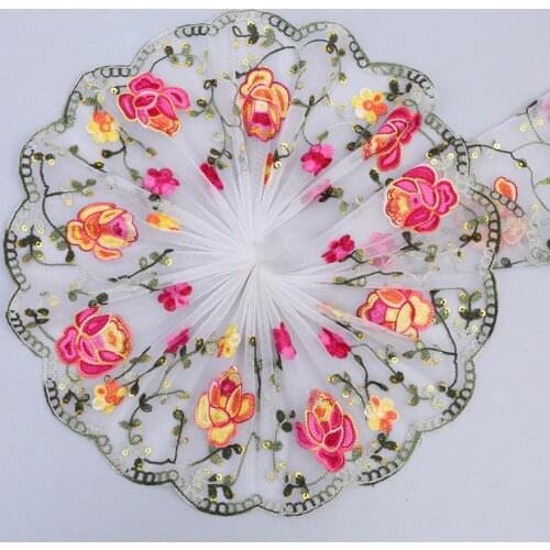 1Y Width 20CM Embroidery Lace Fabric Yellow Pink Floral Lace Trim DIY Doll Dress Hand Sewing Accessories