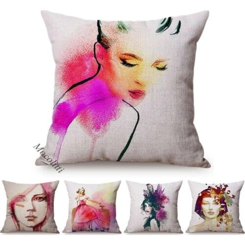 Fashion Woman Portrait Throw Pillow Case Pink Water Color Hand Painted Abstract Girl Decoration Square Cushion Cover Almofadas