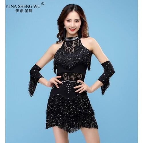 New Women Competition Dance Belly Clothes Sequins Costume Set Fringe Salsa Ballroom Dance Ladies Latin Dress with 1 Pair Sleeves
