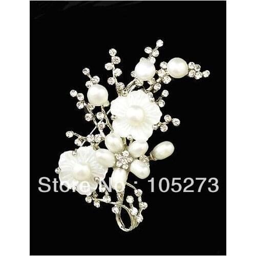 New Arriver Charming Pearl Shell And Rhinestone Flower Bunch Brooch Wedding Occasion 24x47x68mm Wholesale Free Shipping