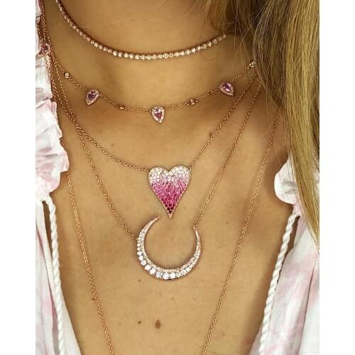 Rose gold color three design pink white cubic zirconia choker charm necklace gorgeous women cz jewelry