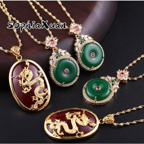 SophiaXuan Pendant Auspiciou Dragon Necklaces Female Green Amulet Chinese Style Jewelry Gold Plated Necklace New Style for Wowen