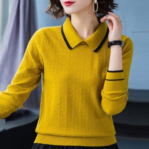 Stripe Patchwork Shirt Knitted Sweater Women Spring Slim Knitwear Tops Casual Turn-Down Collar Long Sleeve Pullover Female