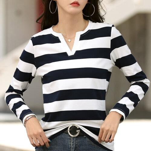 Striped Women T Shirt 2021 Fall Long Sleeve Cotton Woman Tshirts Fashion V Neck Tops Plus Size Tee Shirt Femme Roupas Femininas