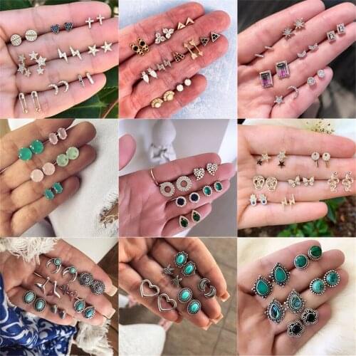 Vintage Bohemia Ethnic Crystal Pearl Wheat Snake Star Moon Flower Heart Geometric Round Stud Earrings For Women Alloy Jewelry