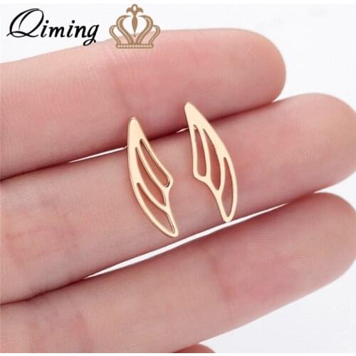 QIMING Simple Hollow Gold fashion Wings Earrings For Women Boho Beach Jewelry Stainless Steel Female Stud Earring Gift Bijoux
