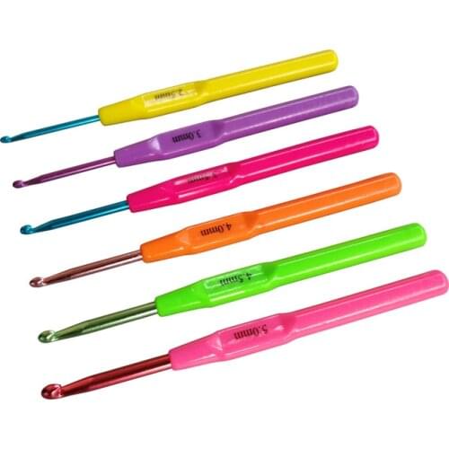 6Pcs Multicolor Plastic Handle Aluminum Crochet Hooks Knit Needles Weave Craft