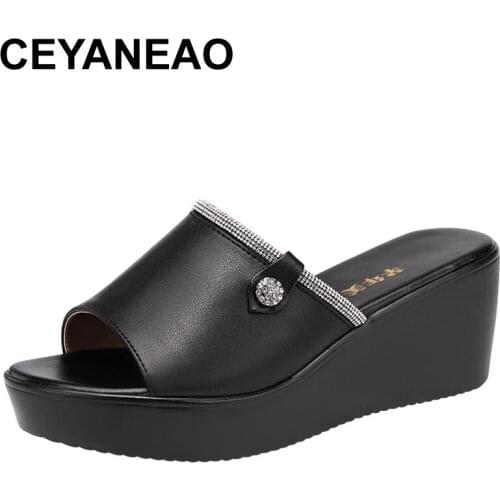 CEYANEAOSmall Big Size32-43Open Head Rhinestone Platform Slippers Summer Shoes2021Elegant High Heels Wedges Slides Women Office