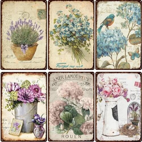 Flowers Metal Tin Sign Retro Plates Rose Peony Lavender Art Plaque Poster Vintage Garden Room Home Wall Decor Gift