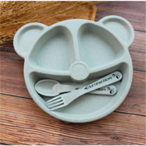 Children Baby bowl+spoon+fork Feeding Food Tableware Set Cartoon Bear Kids Dishes Dinnerware Anti-hot Wheat Straw Training Plate