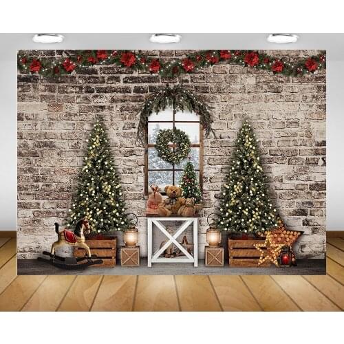 Photography Christmas Background Windows Christmas Tree Brick Wall Background Toys Winter Family Party Video Supplies Props