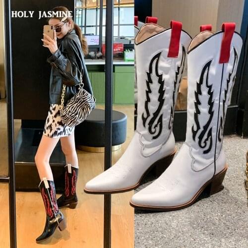 Retro Western Cowboy Boots for Women Pointed Toe Womens Shoes Brand Embossing Suede Leather Shoes Mid-calf Chunky Wedges Boot