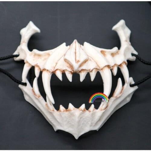 B Half Animal Mask Long Teeth Demon Samurai White Bone Mask Tengu Dragon Yaksa Tiger Resin Mask Cosplay