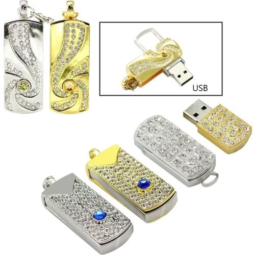 Metal Crystal Gold Silver Rotary Key Chain USB 2.0 USB Flash Drive 64GB 8GB 16GB Memory Stick Disk Mini Key Pen Drives Storage