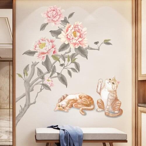 Cute Cats Wall Stickers Flowers Home DIY Wall Art Decal Wallpapers Living Room Bedroom Home Decor