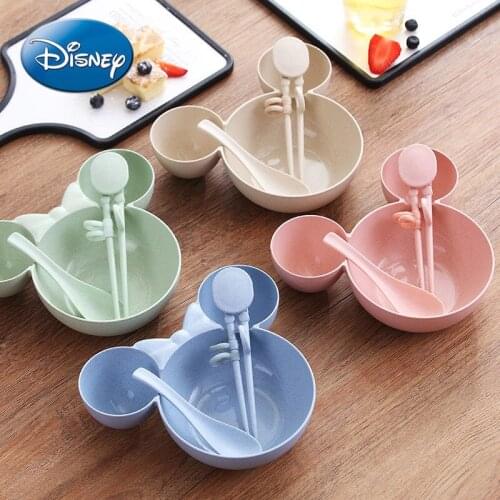 Disney Wheat Straw Cartoon Children Practice Chopsticks Spoon Chopsticks Bowl Set Cute Mickey Baby Training Spoon Chopsticks