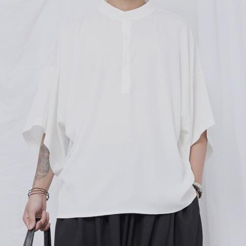 Original shirt male Japanese Yamamoto style black and white minimalist five-point sleeve loose shirt large size stand short slee