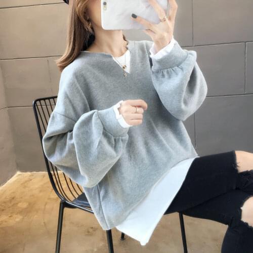 2020 New Women Spring Autumn Fake Two Pieces Lace Long Sleeve Korean Loose O-Neck Loose Silm Harajuku Pullover Sweatshirt A142