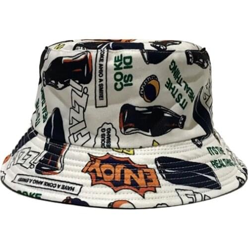 2019 New Graffiti Cola Bottle Printing Bucket Hat Women Men Cotton Fishermen Double Sided Casual Hats Female Sun Hat for Travel