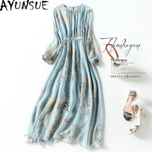 AYUNSUE 100% Real Silk Dress Women Summer Spring Floral Long Dresses for Women Clothes Boho Beach Dress 2021 Vestidos KJ6870