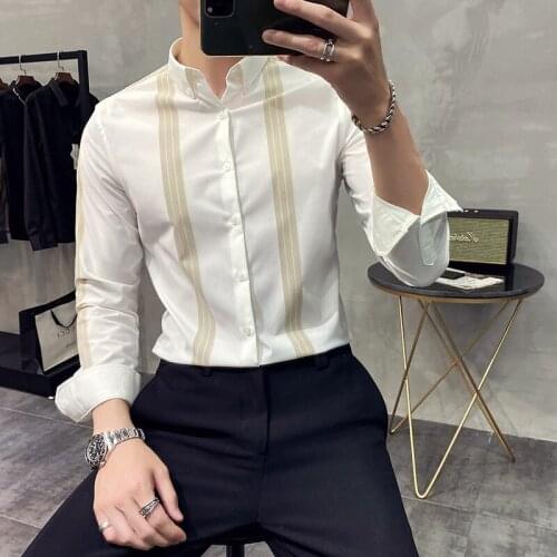 2021 Long Sleeve Slim Fit Shirts Men Formal Dress Business Shirts Mens Clothing Social Party Office Shirt Brand Striped Shirs