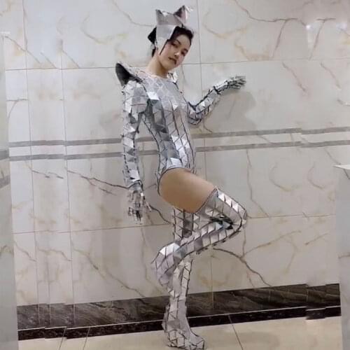 Sexy Mirror Costume Women Stage bodysuit ds Party Performance Nightclub Jumpsuit Bar GoGo Dance outfit Headdress