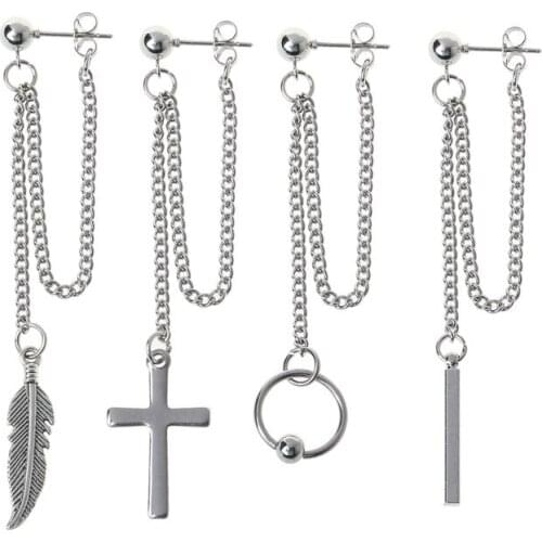 Titanium Steel Korean Bangtang Boys Cross Leaf Pendant Double Chain Earring