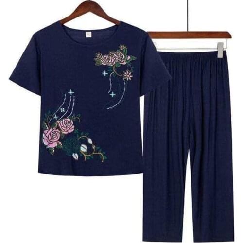 Middle Aged And Elderly Tracksuit Womens T-shirt Summer Cotton Hemp And Pants Two-piece Suit Mother T-shirt Pants Sets