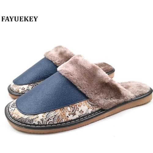 FAYUEKEY Spring Autumn Winter Genuine Leather Men Print Home Indoor Outdoor Slippers Warm Cotton Plush Flat Shoes Boys Gift