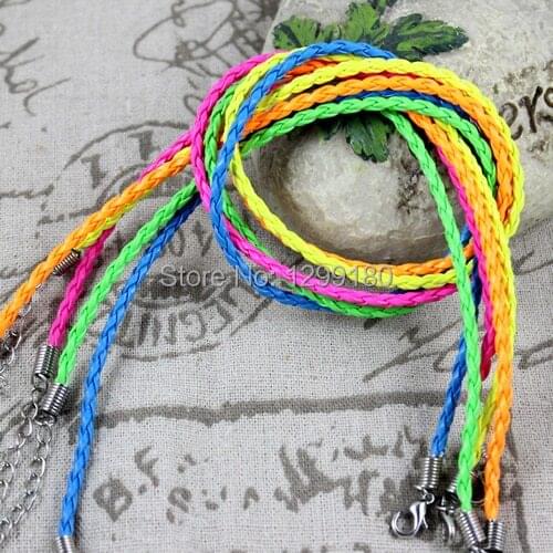 50pcs/lot 3mm Fashion Mixed Color Round Adjustable Bright Braided PU Leather Rope Necklace Cord DIY Jewelry Making 45cm K00609