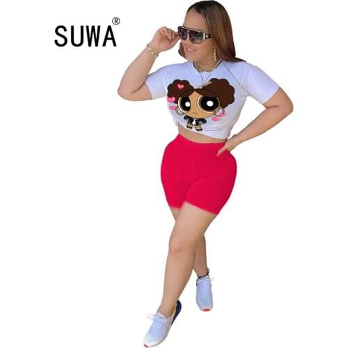 Women workout clothes joggers summer 2 piece set comic print classic white shirt tee + skinny biker shorts casual outfits