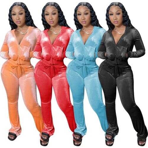 Women 2021 Winter Autumn Velvet Set Tracksuit Two Piece Set Zipper Hooded Casual Jackets Tops + Long Pant Suit Outfits