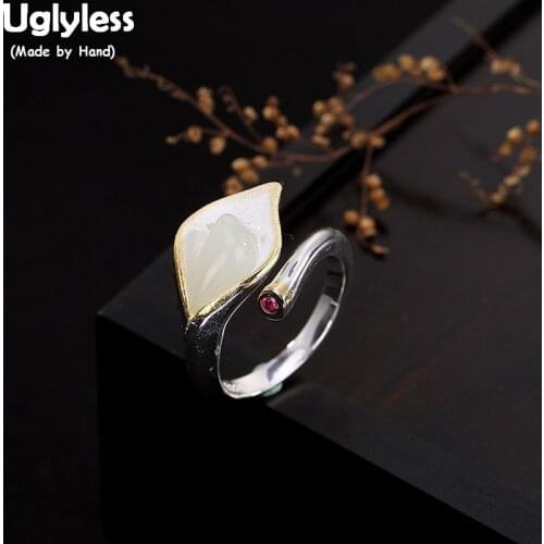 Uglyless 100% Real 925 Sterling Silver Handmade Open Calla lily Rings for Women Natural White Jade Finger Ring Floral Fine Jewel