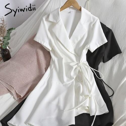 Syiwidii Irregular Bow Lace Up High Waist Dress Women Notched Short Sleeve A-line Solid 2021 Summer Korean Fashion New Clothing