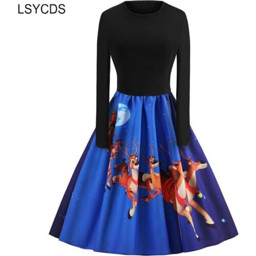 LSYCDS Winter Christmas Day Party Night Out Girls Blue Dress Elk Print O Neck Long Sleeve 2020 Women Casual Big Swing Dresses