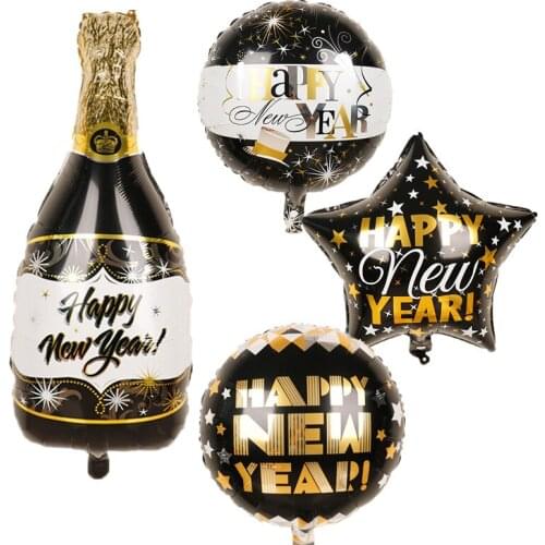 1pc Happy New Year Foil Helium Balloon Black Gold Champagne Wine Bottle Balloon Star Round Globos Air Balloons Kids Toy