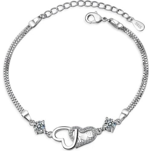 925 Sterling Silver Double Layer Crystal Heart Bead Charm Bracelet &Bangle For Women Elegant Wedding Jewelry sl081