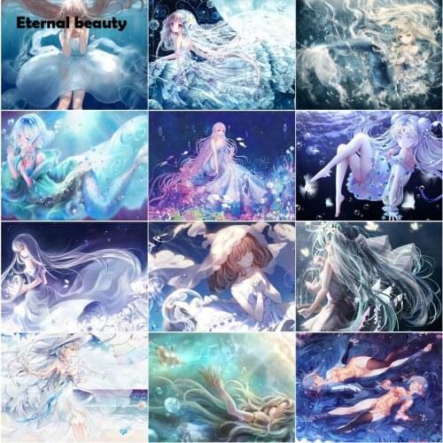 Diamond Painting Anime Lonely Girl Picture Book Diamond Mosaic Mermaid In The Deep Sea Full Square Diamond Embroidery Home Decor