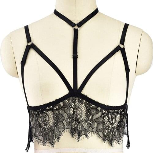 Black Body Harness Lace Top Bralette Elastic Strap Soft Bondage Bra Goth Sexy Lingerie See Through Punk Harness Cage Bra