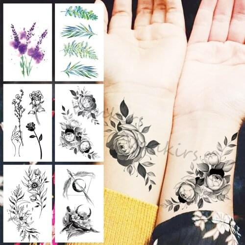 Black Dahlia Flower Temporary Tattoos For Women Girls Lavender Leaf Arrow Fake Tattoo Sticker Hot Sale Arm Body Tatoos Paste
