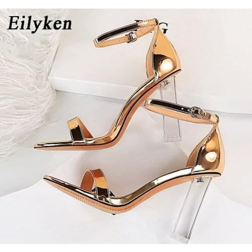 Eilyken Fashion Summer Champagne Clear Sandals Transparent high heels Buckle Back Strap Cover Heel Party High Heel Sandals