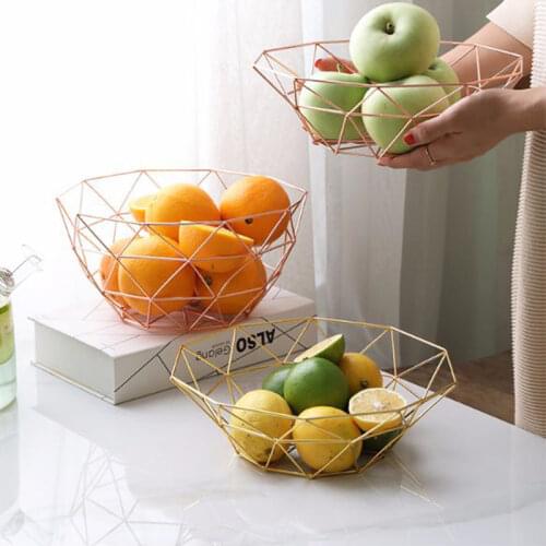 Nordic style Rose Gold Geometric Shape Iron Art Storage Basket Home Organizer Decoration Kitchen Tool For Fruit Snacks Food